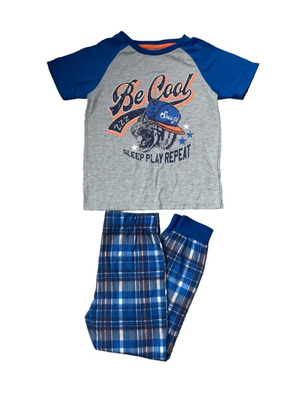Sleep On It Boys Blue Baseball Top & Plaid Pajama Pants Set Size 6/7
